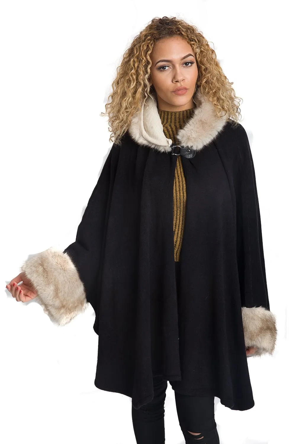 Knitted Faux Fur Trim Hooded Swing Poncho Cape