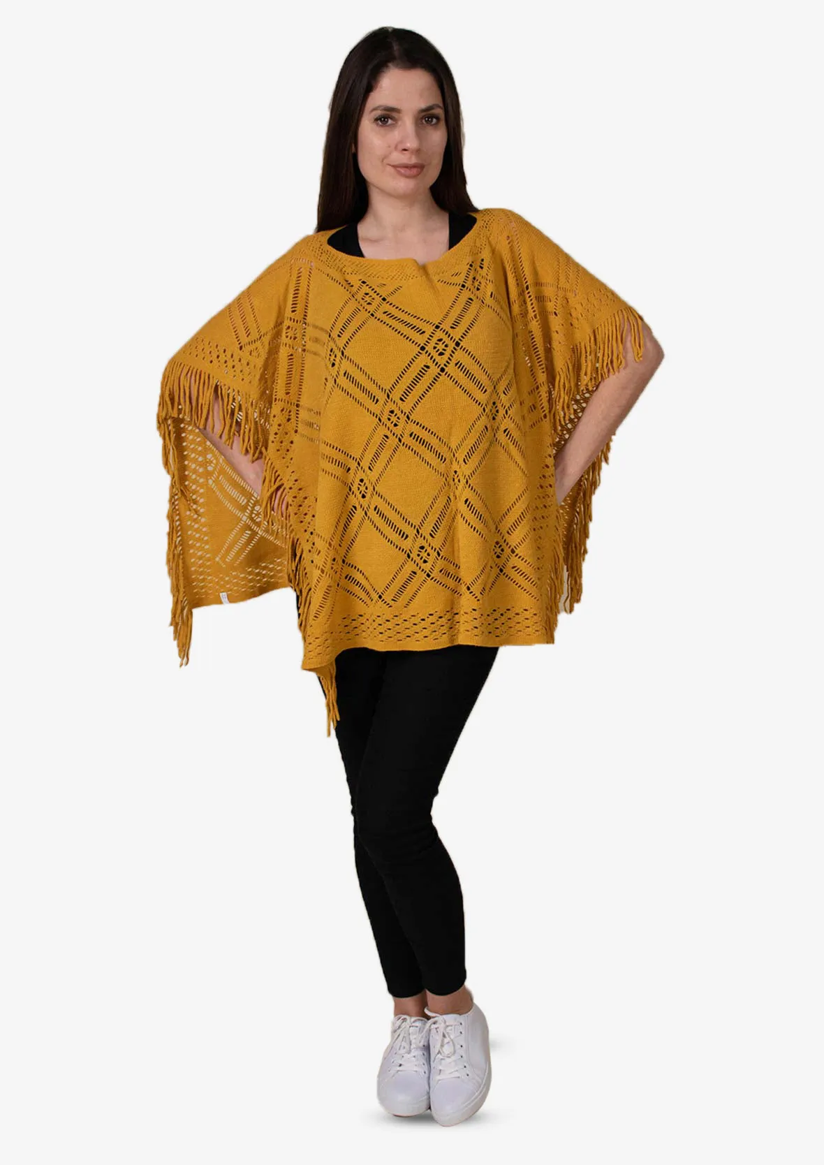 Knitted Poncho With Fringe Detailing