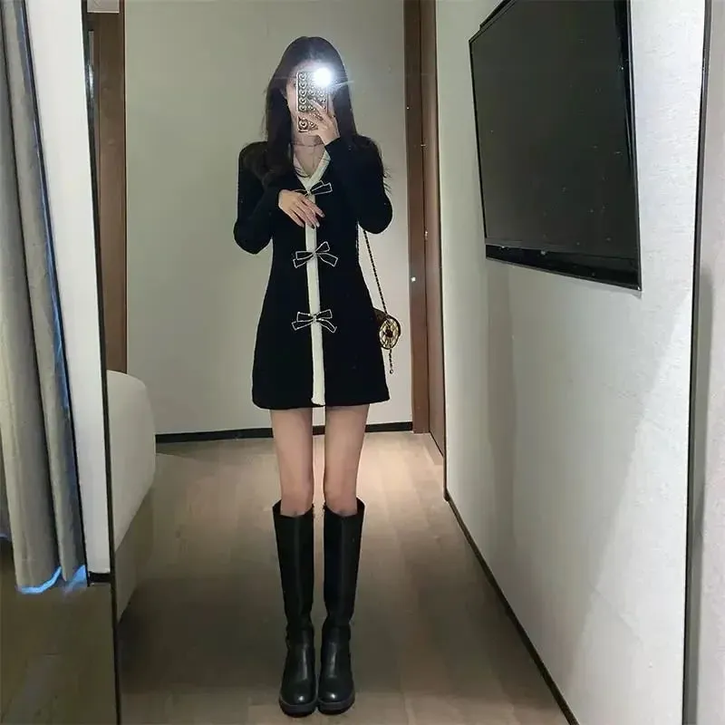 Knitted Sweater Black Dress for Women Vintage Retro Elegant Slim Elegant Short Dresses Autumn Fall Bow V-neck