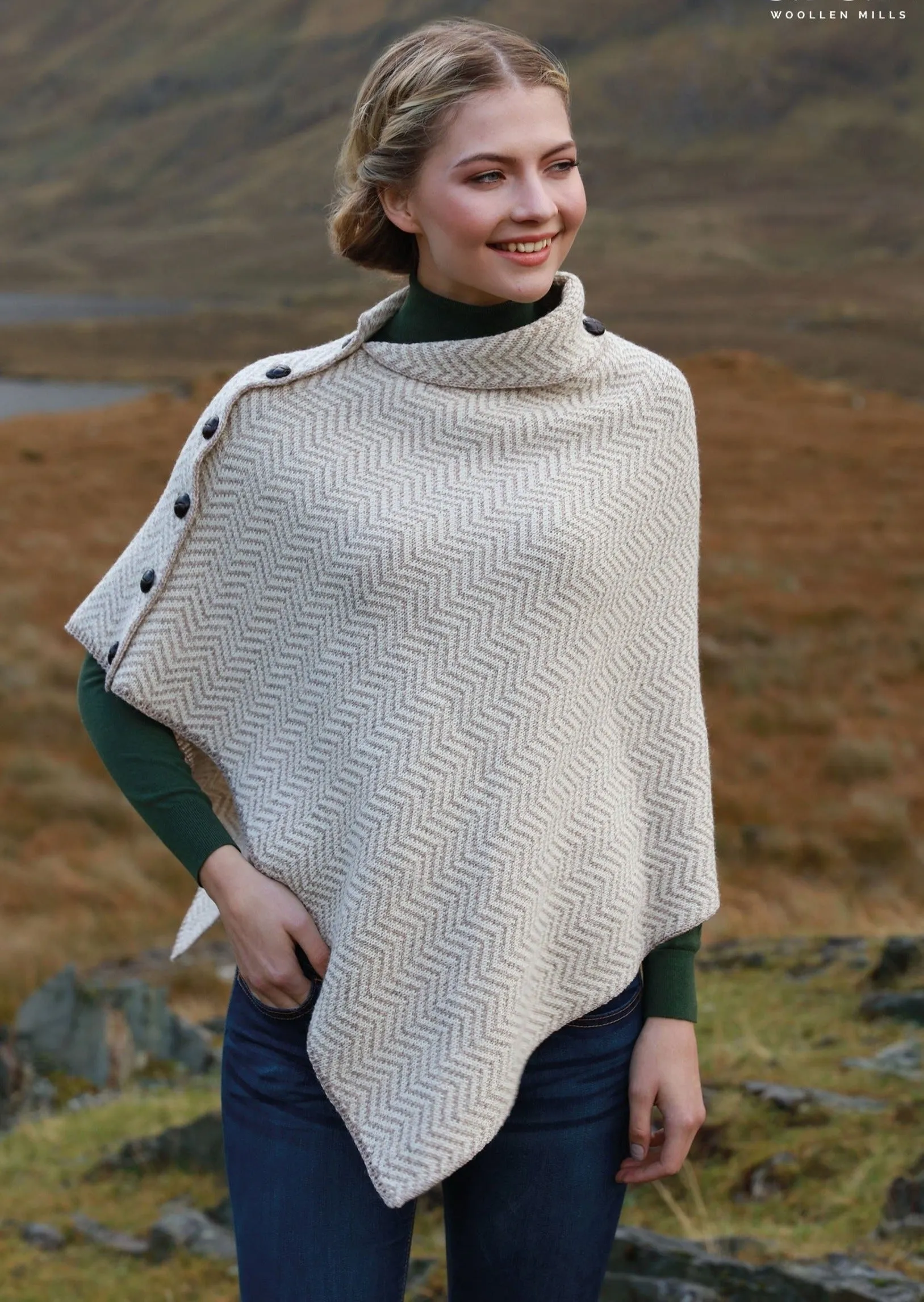 Ladies Herringbone Irish Poncho | Oatmeal