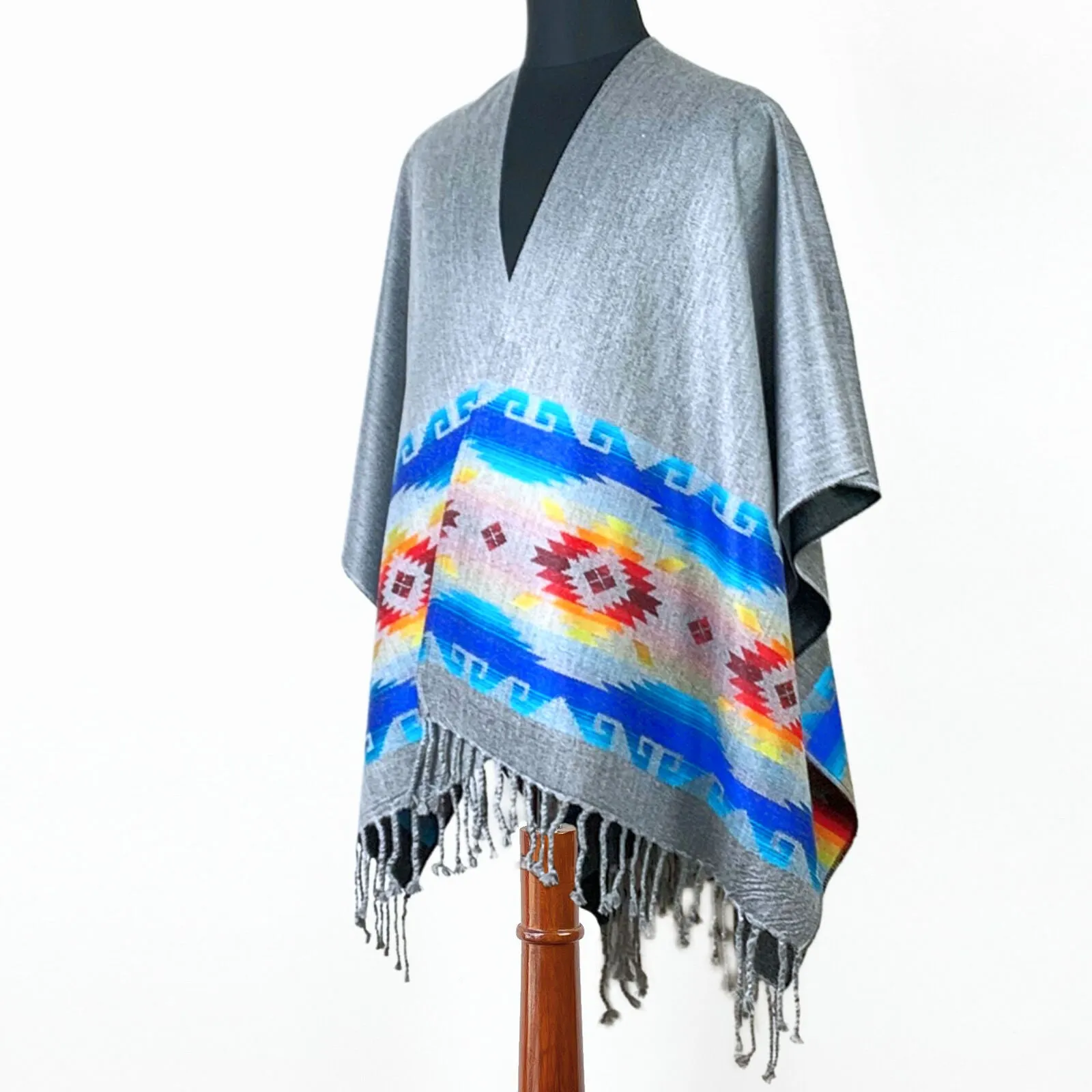 Lightweight Thin Alpaca Wool UNISEX Ruana Cape Poncho/Shawl - Carbon with authentic pattern