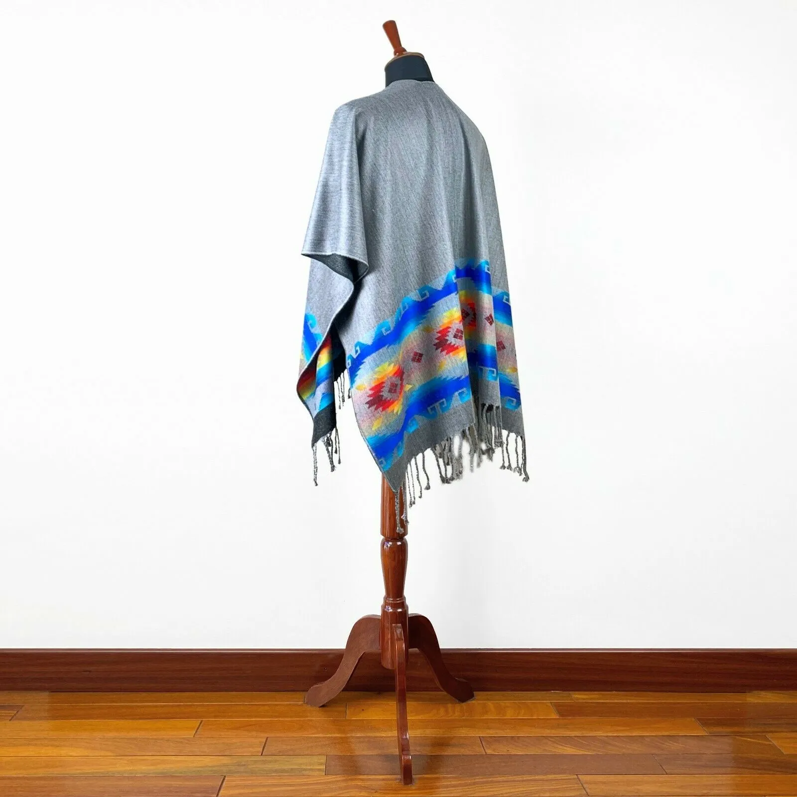 Lightweight Thin Alpaca Wool UNISEX Ruana Cape Poncho/Shawl - Carbon with authentic pattern