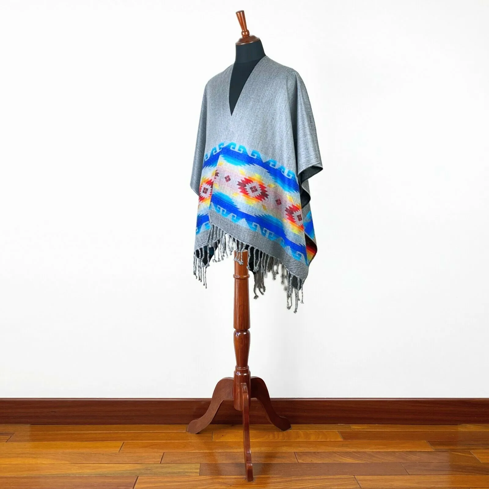 Lightweight Thin Alpaca Wool UNISEX Ruana Cape Poncho/Shawl - Carbon with authentic pattern