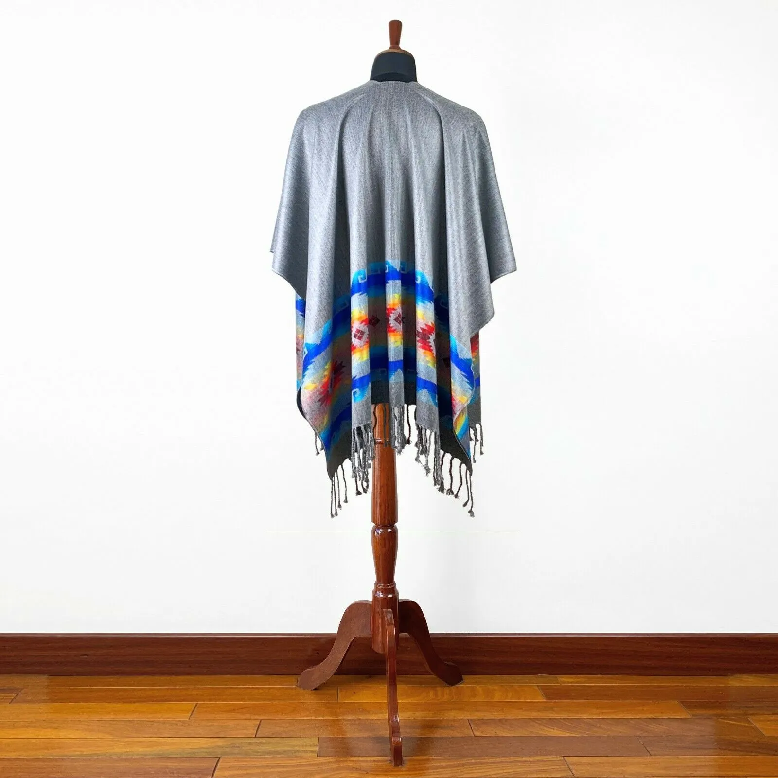 Lightweight Thin Alpaca Wool UNISEX Ruana Cape Poncho/Shawl - Carbon with authentic pattern