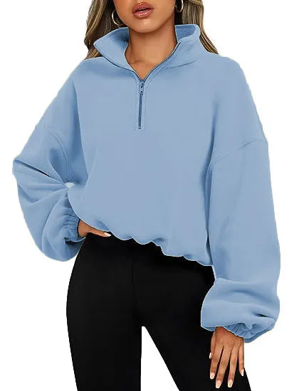 Loose Sport Pullover Hoodie Women Winter Solid Color Zipper Stand Collar Sweatshirt Thick Warm Clothing