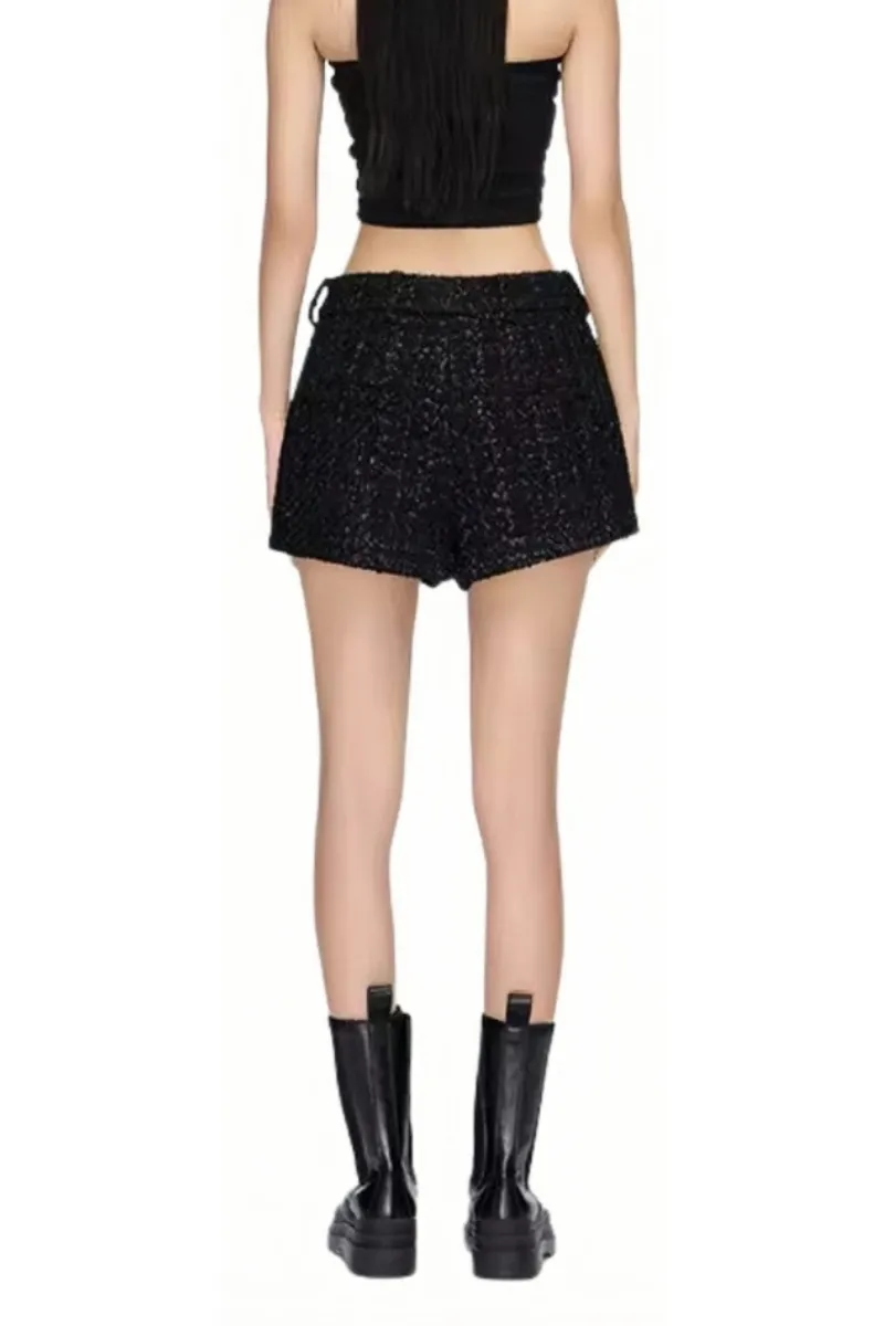 Loose Wool Tweed Shorts with Cross Design