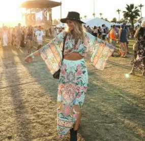 Lotus Tie Front Kimono Top And Double Slit Maxi Skirt Set Color Peacock Size XS Small Medium Or Large