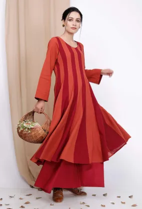 Maroon and Rust Orange Cotton Anarkali Kurti