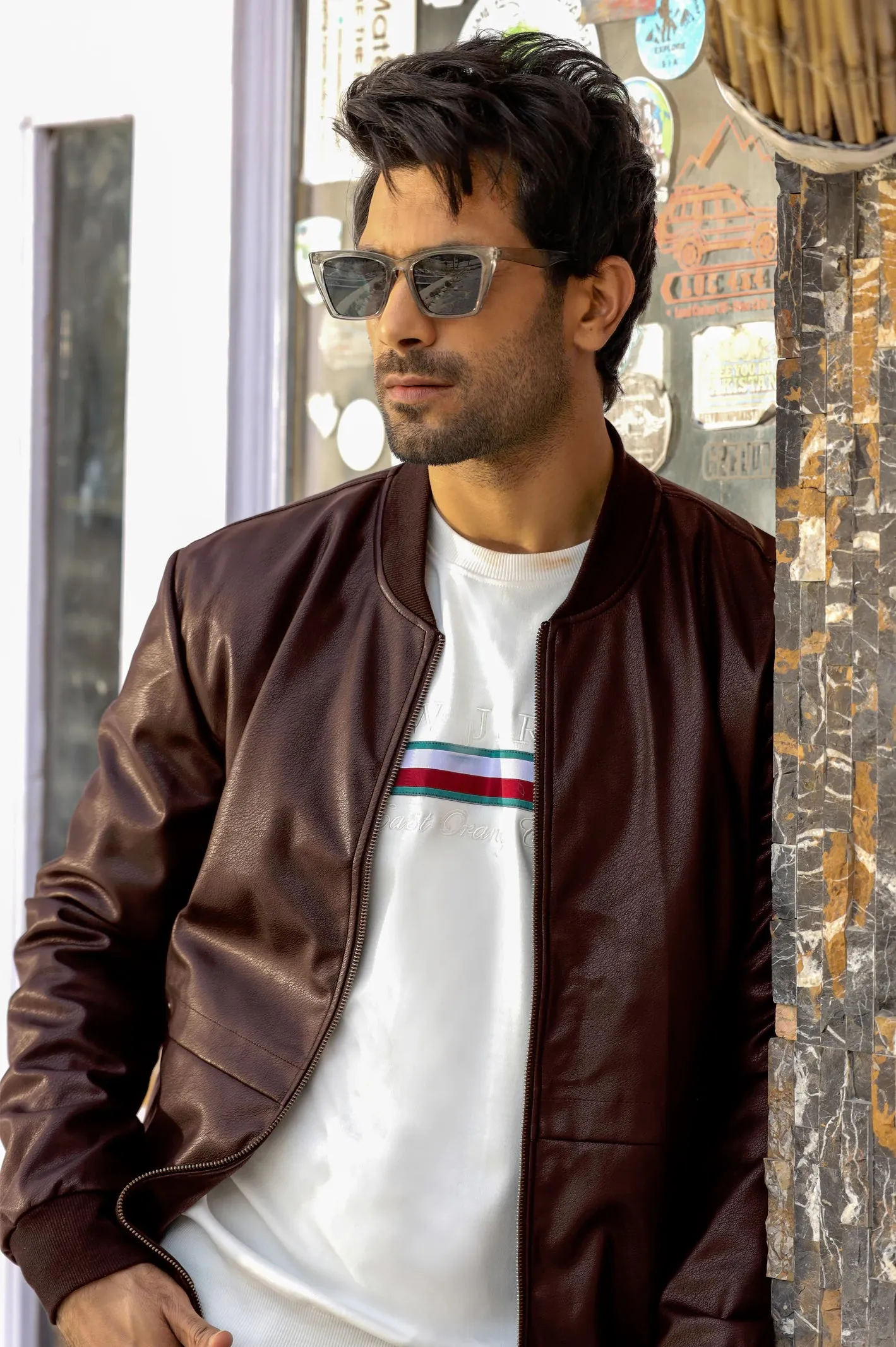 Maroon Leather Bomber Jacket for Mens