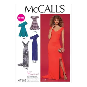 McCall's Pattern M7683 Misses'/Miss Petite Dresses with Shoulder and Skirt Variations