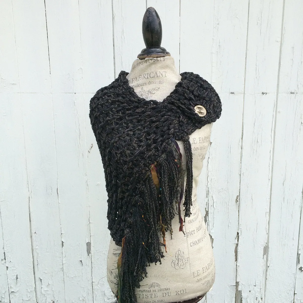 Medium Weight Black Tweed Shawl w/Fringe