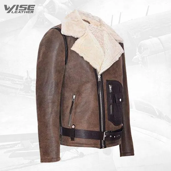 Men's Brown Merino Sheepskin Leather Biker Jacket