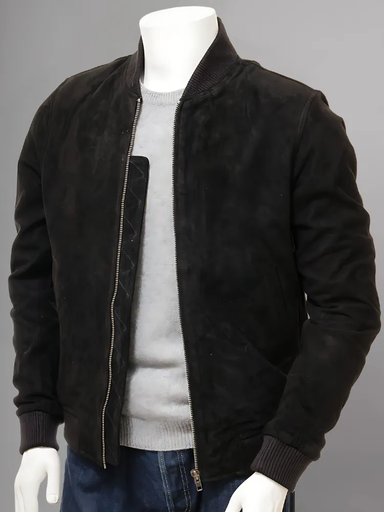 Mens Camel Suede Leather Bomber Jacket