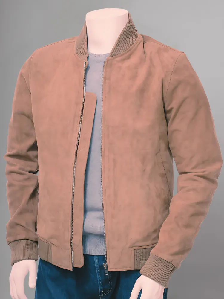 Mens Camel Suede Leather Bomber Jacket