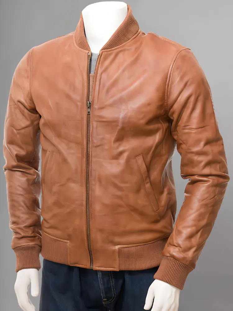 Mens Camel Suede Leather Bomber Jacket