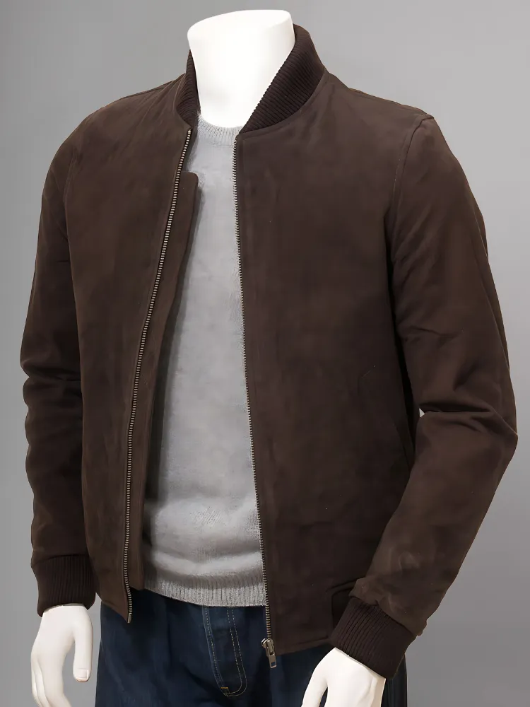 Mens Camel Suede Leather Bomber Jacket