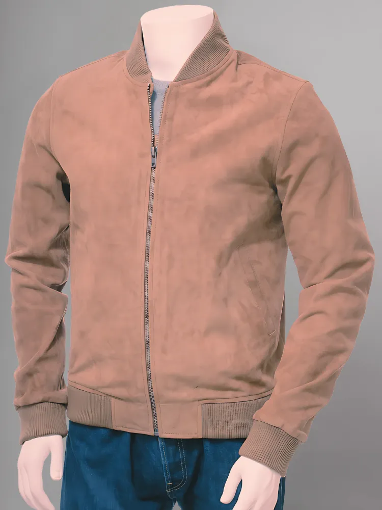 Mens Camel Suede Leather Bomber Jacket