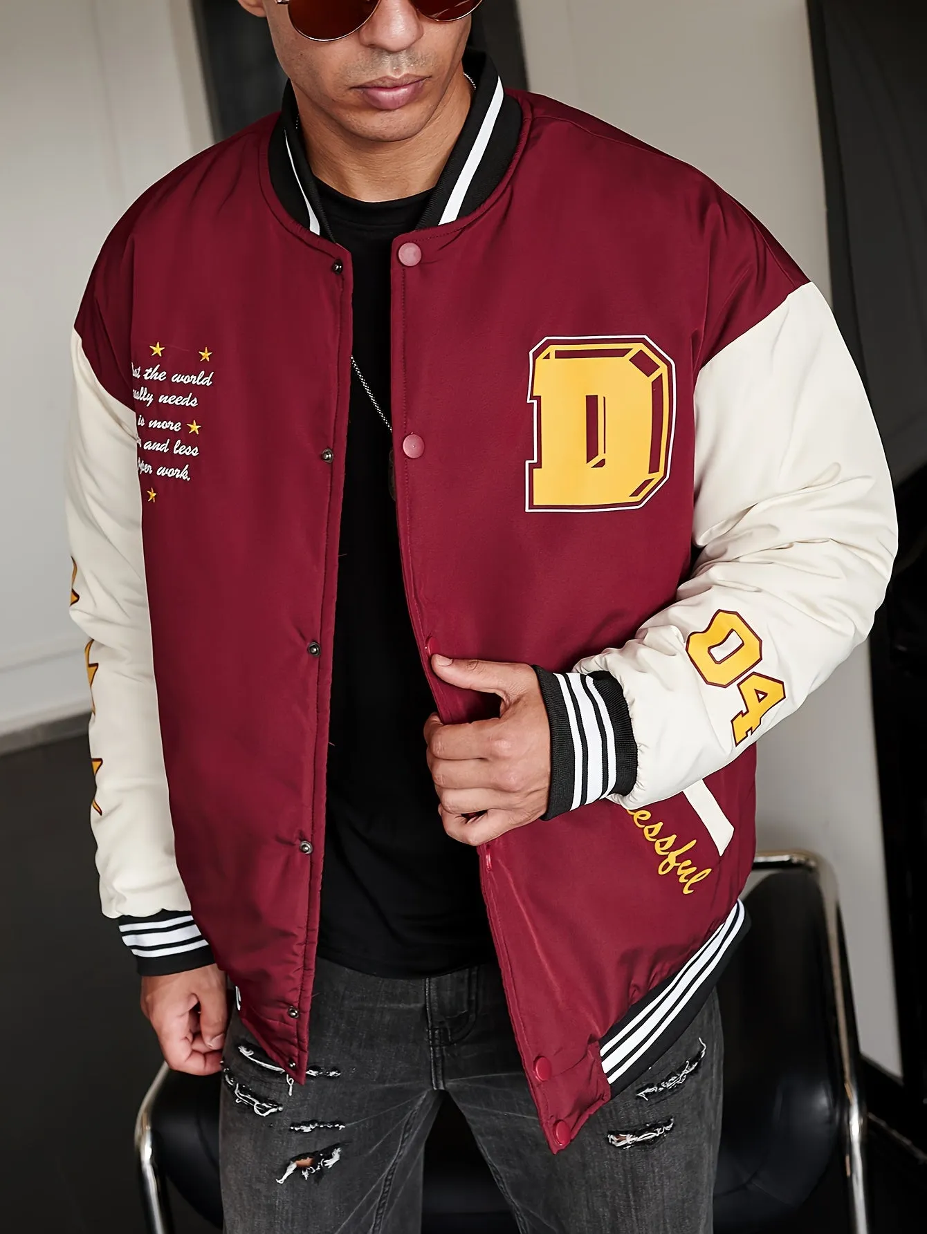 Men's Casual Letter Print Warm Padded Varsity Jacket, Chic Button Up Preppy Style Color Block Bomber Jacket For Fall Winter