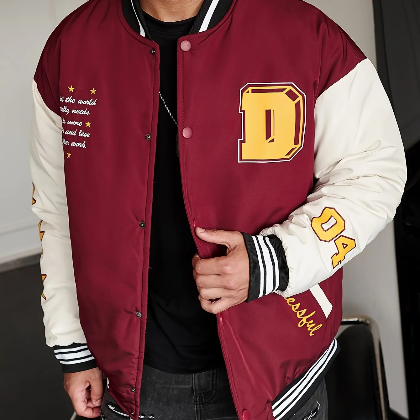 Men's Casual Letter Print Warm Padded Varsity Jacket, Chic Button Up Preppy Style Color Block Bomber Jacket For Fall Winter