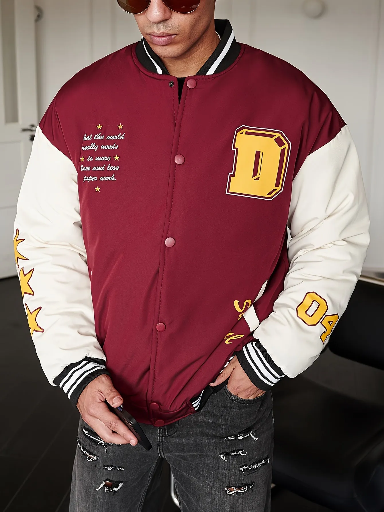 Men's Casual Letter Print Warm Padded Varsity Jacket, Chic Button Up Preppy Style Color Block Bomber Jacket For Fall Winter