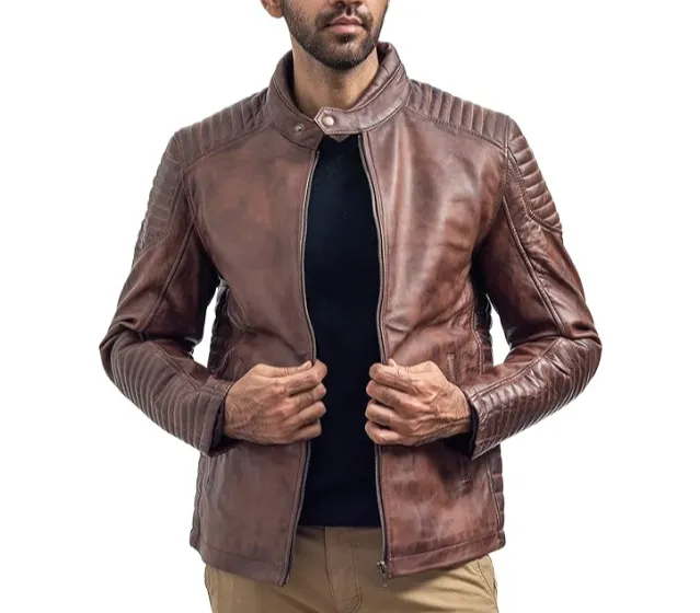 Mens Retro Cafe Racer Distressed Brown Jacket