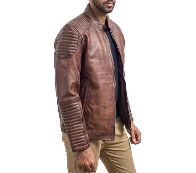 Mens Retro Cafe Racer Distressed Brown Jacket