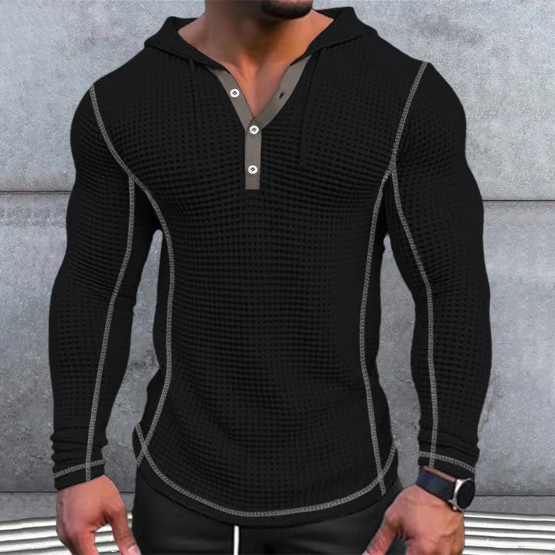 Men's Waffle Button Hoodie T-shirt Top Holiday Long Sleeve Casual Fashion