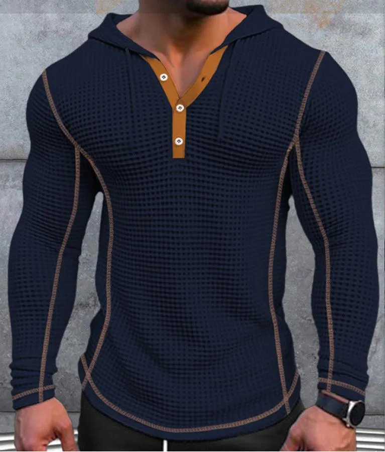 Men's Waffle Button Hoodie T-shirt Top Holiday Long Sleeve Casual Fashion