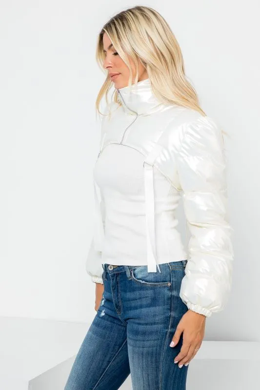 Metallic PU Micro Crop Shrug Puffer