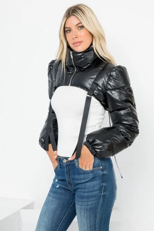 Metallic PU Micro Crop Shrug Puffer