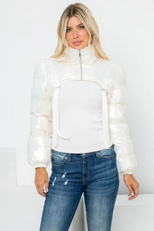 Metallic PU Micro Crop Shrug Puffer