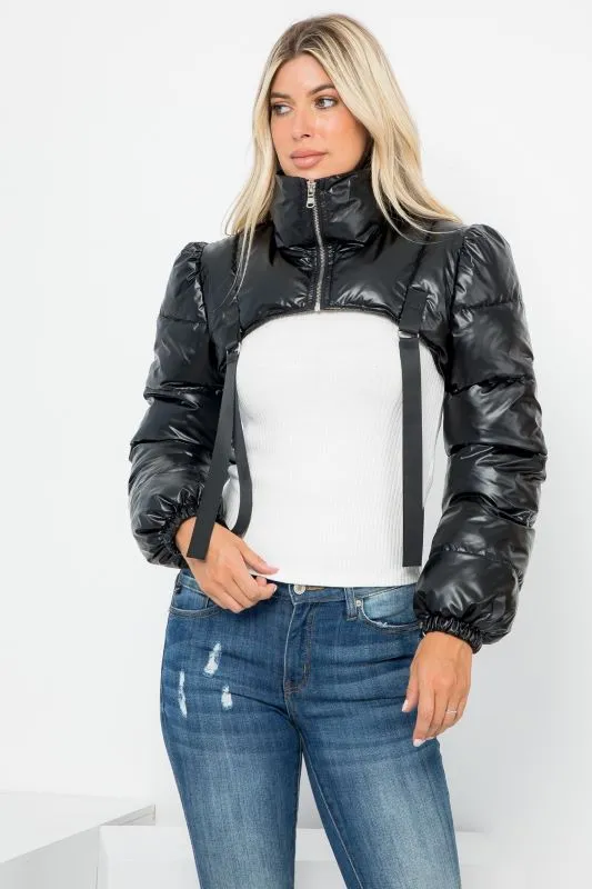 Metallic PU Micro Crop Shrug Puffer