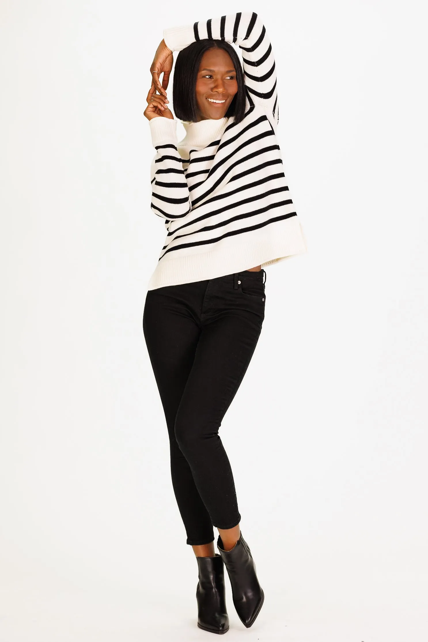 Mock Roll Neck Sweater in Ivory & Black Stripe