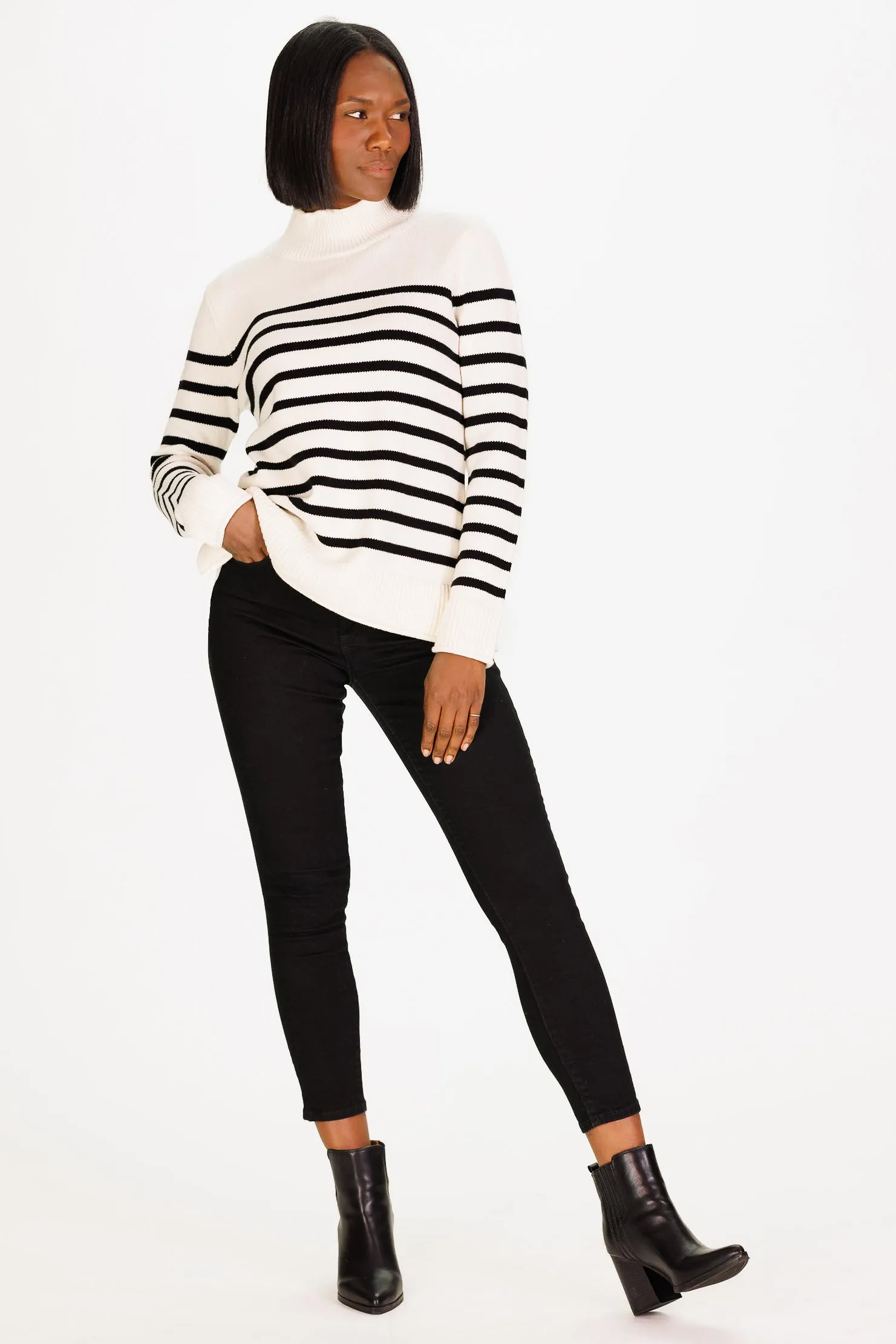 Mock Roll Neck Sweater in Ivory & Black Stripe