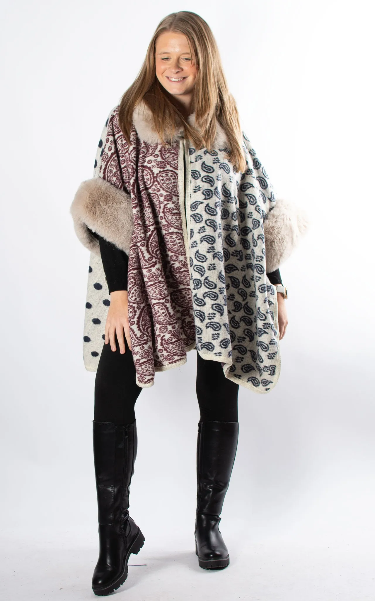 Multi Pattern Poncho | Beige