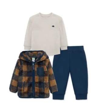 Navy/Brown Plaid 3pc Sherpa Jacket Set-Infant