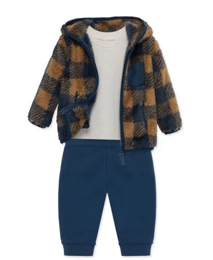 Navy/Brown Plaid 3pc Sherpa Jacket Set-Infant