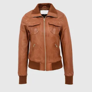 New High Quality Womens Leather Classic Bomber Jacket Motto Tan