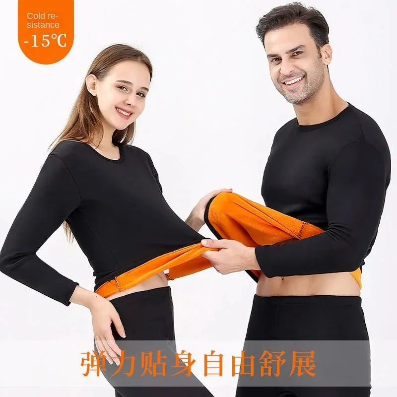 New Winter Thermal Underwear Set Men's Thickening and Fleece O-neck Long Johns and Tops Women's Cold Protection Couple Suit