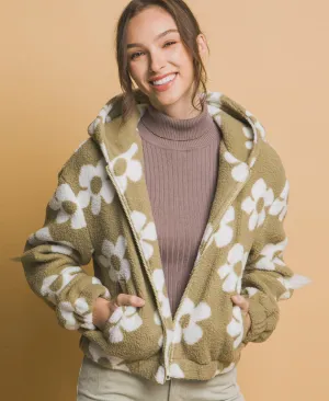 Olive Sherpa Fleece Floral Jacket