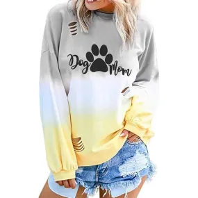 Oversized Hoodie Gradient Tie-dye Dog Mom Letter Pullover Sweatshirt Women Autumn Warm Long Slevee