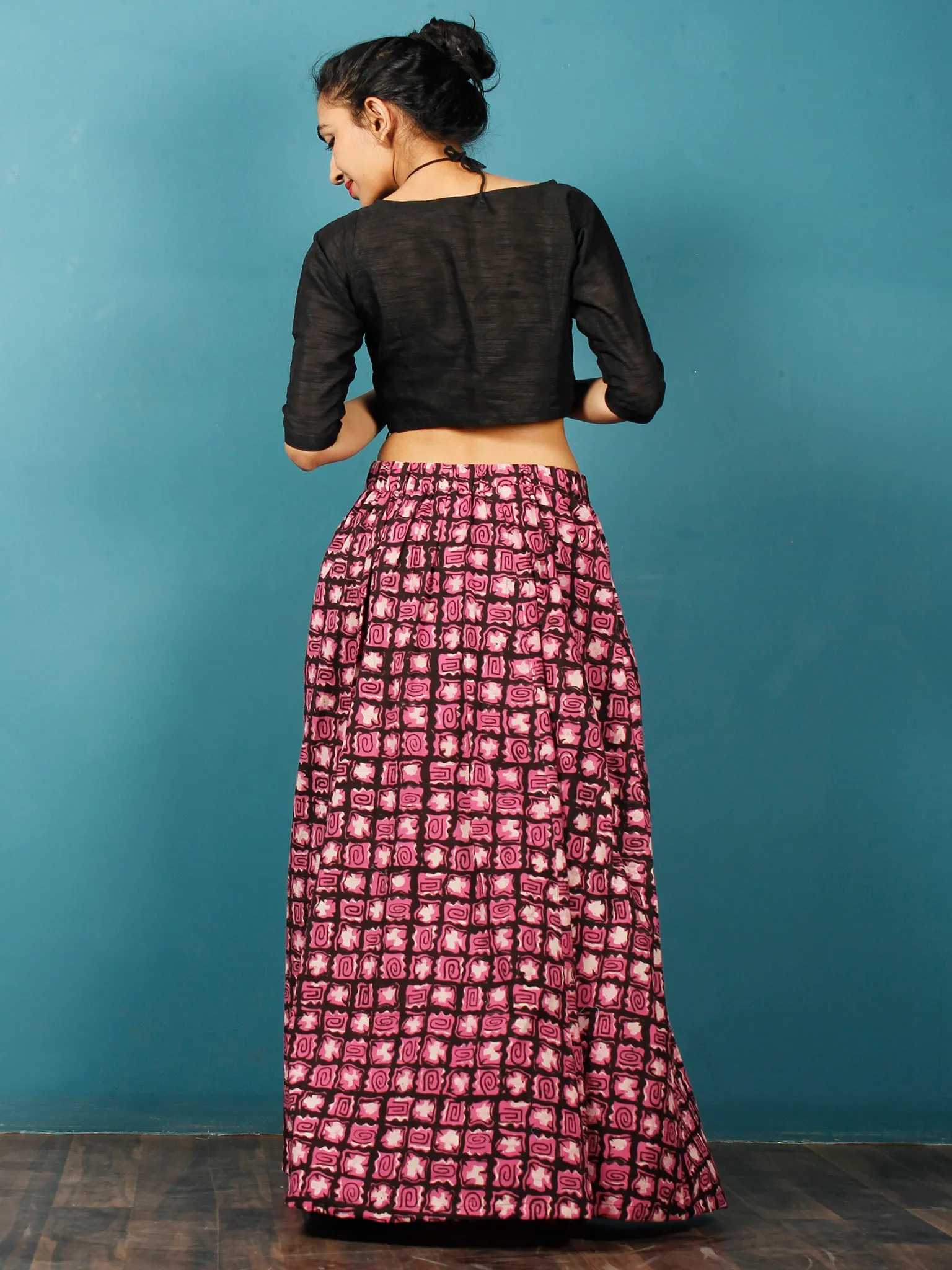 Pink Beige Black Hand Block Printed Skirt  - S40F377