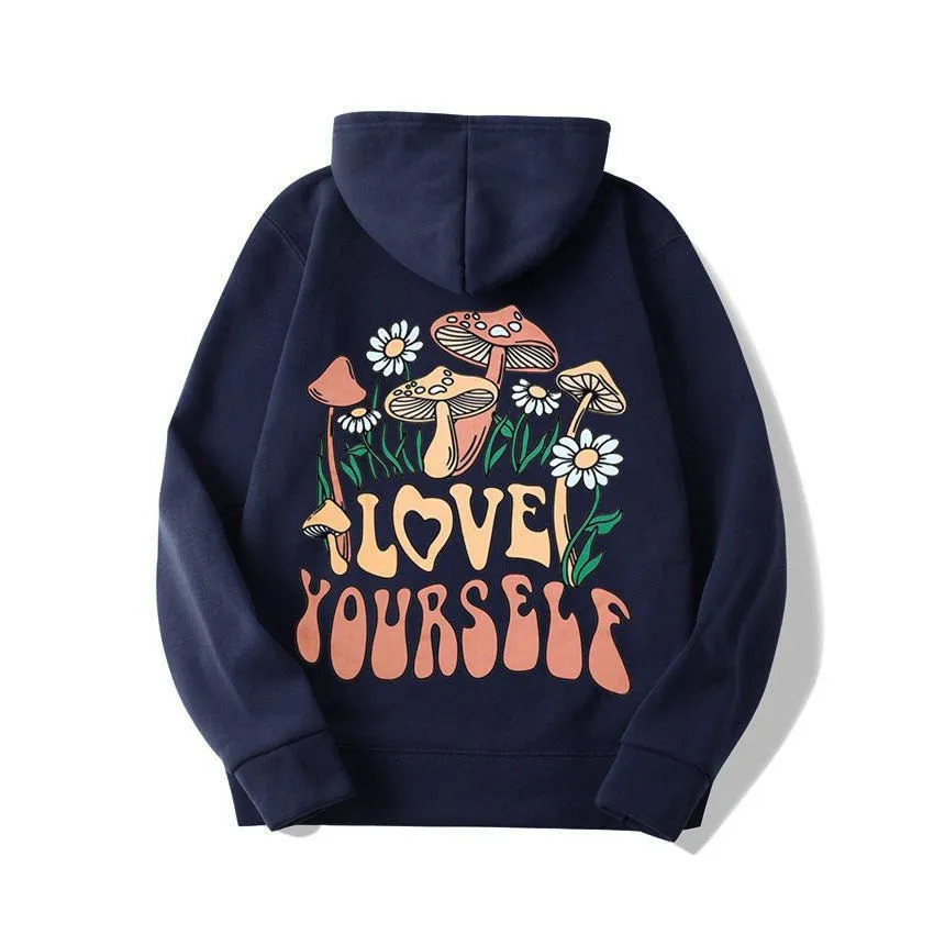 Plus Size Loose Mushroom Slogan Hoodie