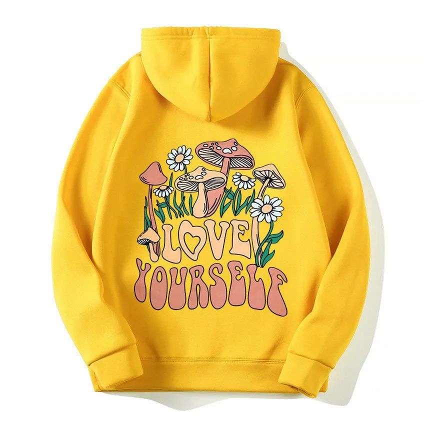 Plus Size Loose Mushroom Slogan Hoodie