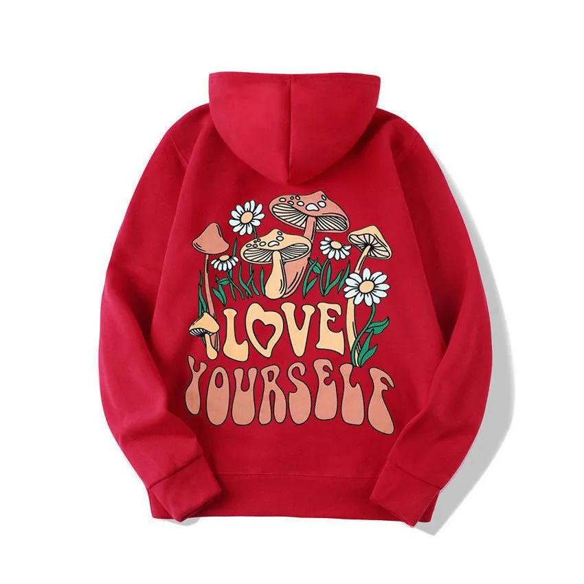 Plus Size Loose Mushroom Slogan Hoodie