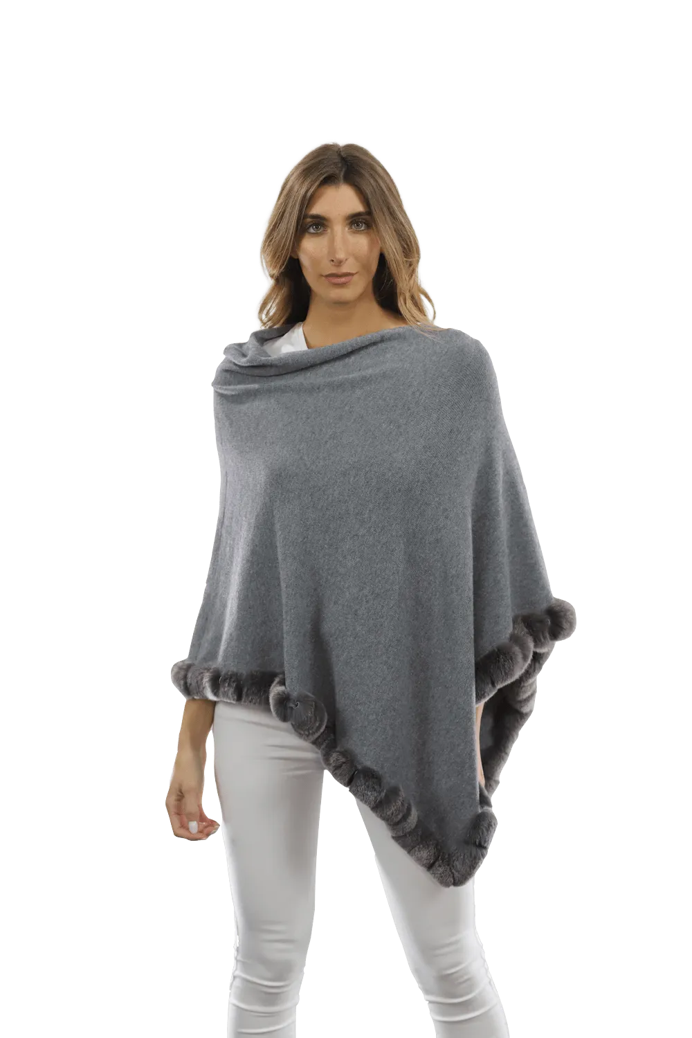 Poncho with Rex Rabbit Trim - Grey