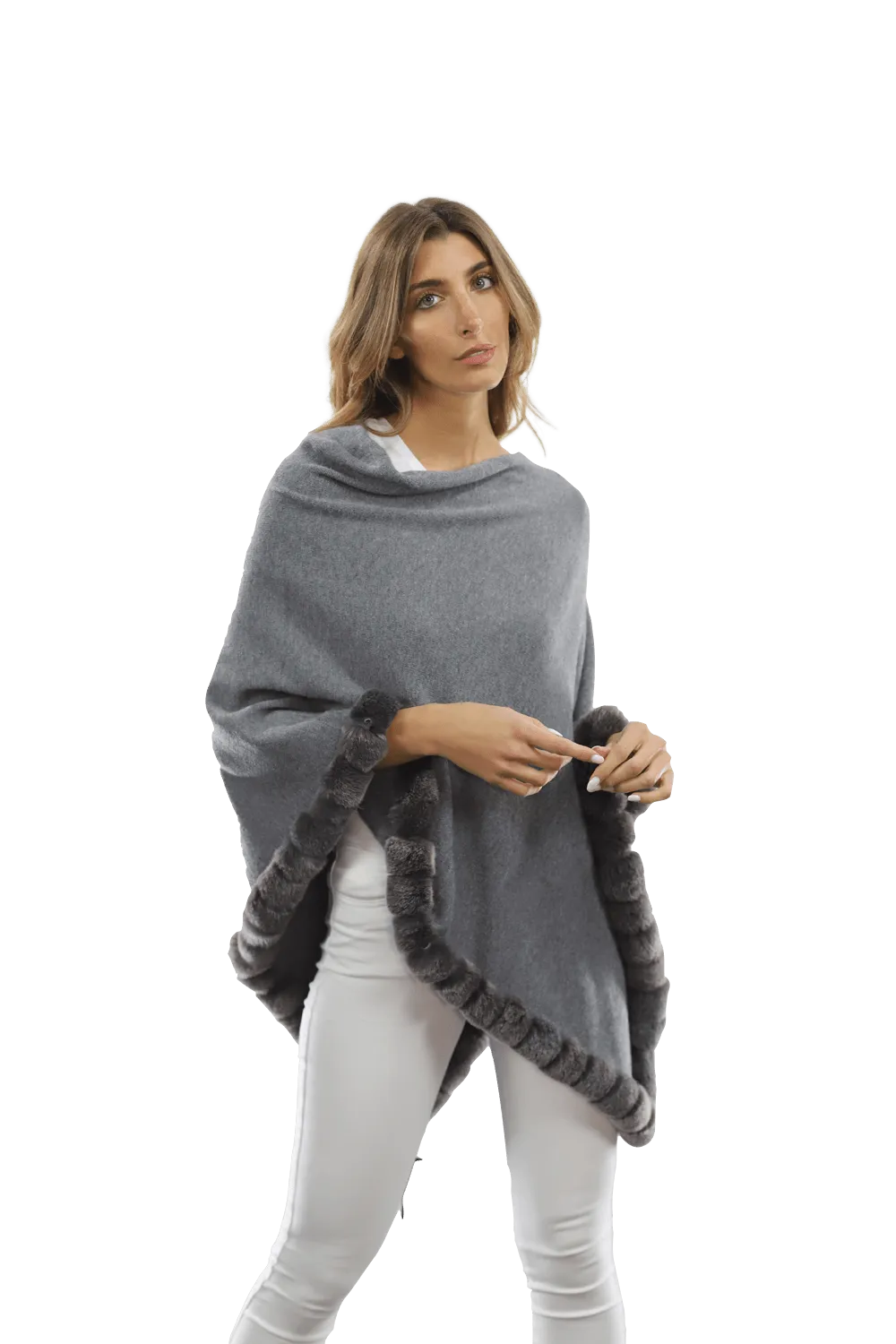 Poncho with Rex Rabbit Trim - Grey