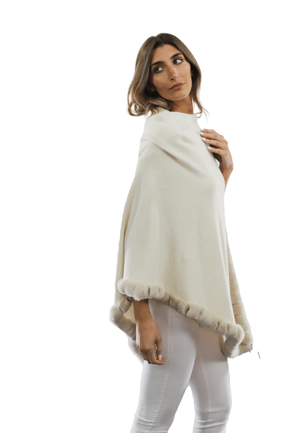 Poncho with Rex Rabbit Trim - Ivory