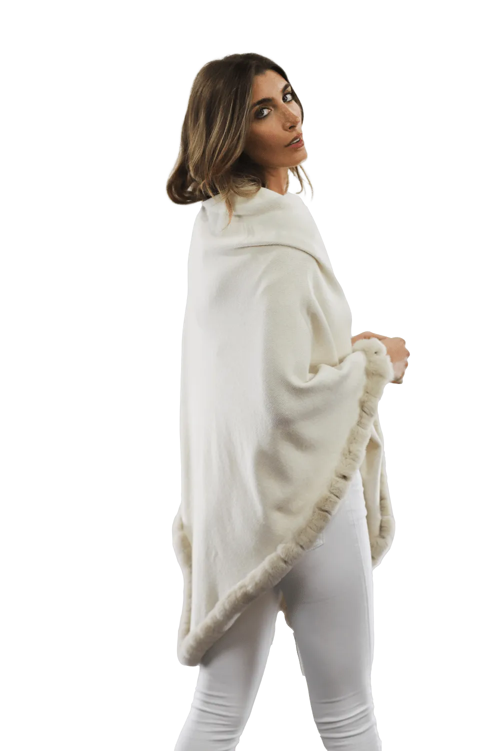 Poncho with Rex Rabbit Trim - Ivory