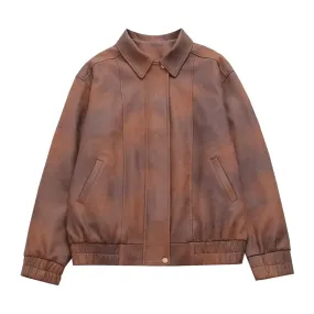 Pre Order:  Brown Turn-Down Collar Faux Leather Jacket